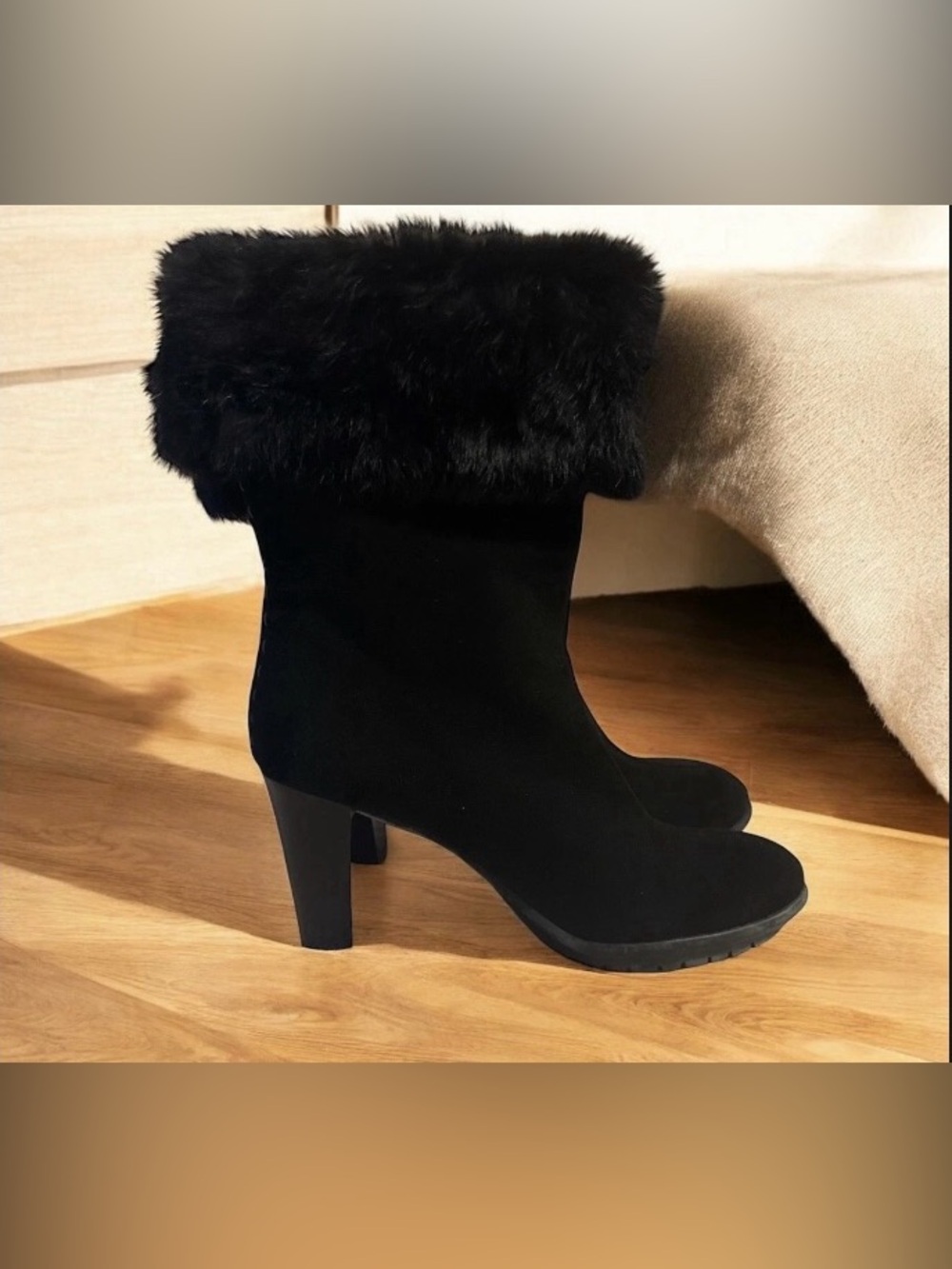Black Fur Trim High Heel Women's Boots